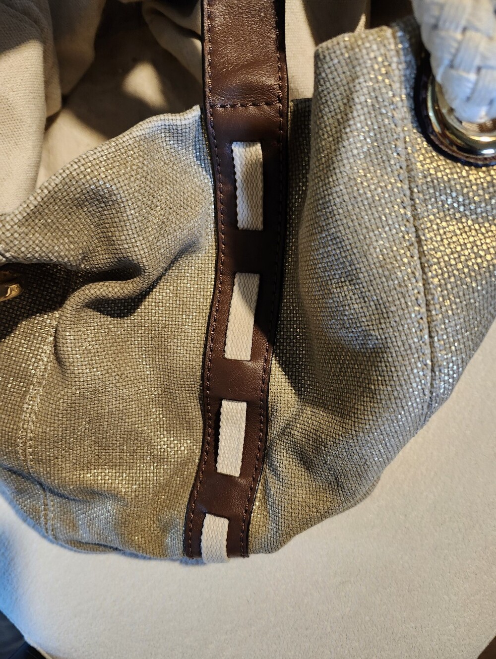 Michael Kors Gold Shimmer Canvas Shoulder Bag with Cream Braided Handles - Picture 3 of 8